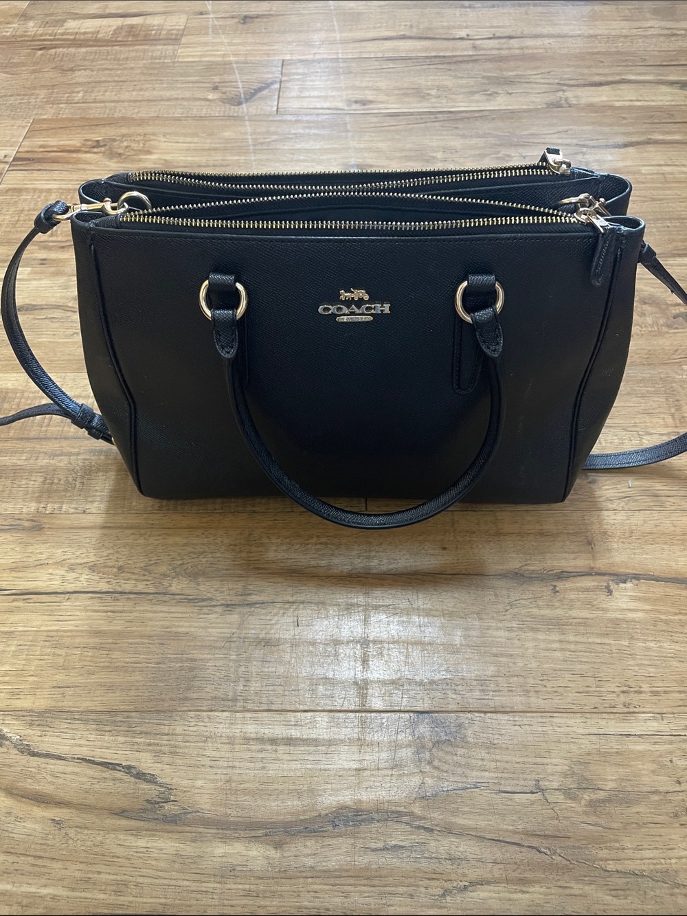 COACH Black Leather Double-Zip Satchel with Gold Hardware